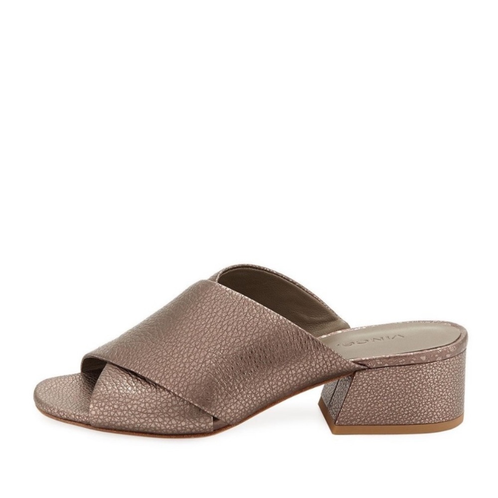 Vince Metallic Taupe Cross-Band Block Heel Mule